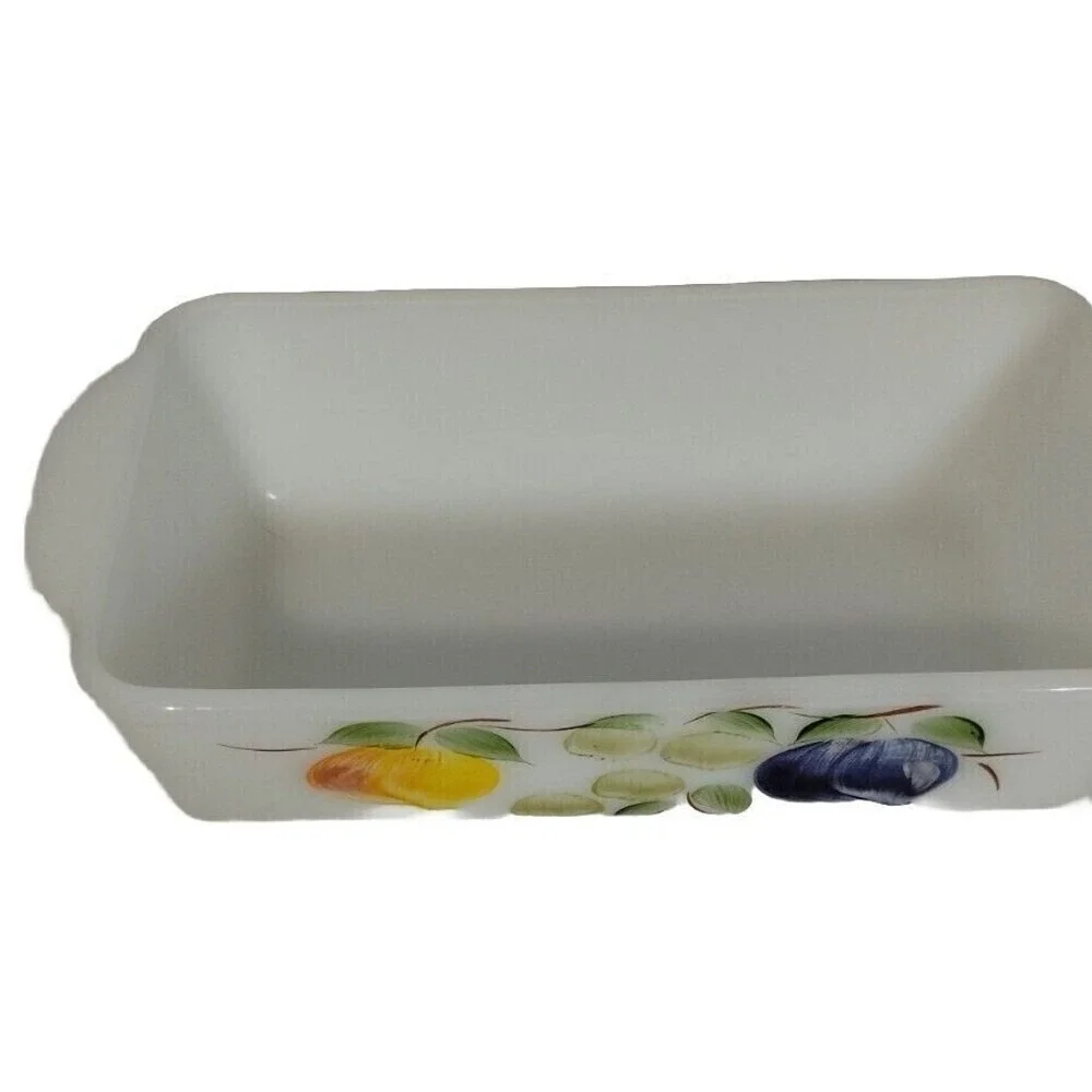 Vintage‎ Fire King Milk Glass Baking Dish Fruit Design Rectangular Casserole Pan